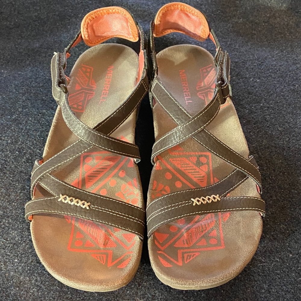 Merrell Brown and Pink Strappy Sandals with Comfort Heel Size 8 - Picture 3 of 7